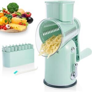 Manual Rotary Cheese Grater 5-in-1 with Suction Base Vegetable Slicer Green